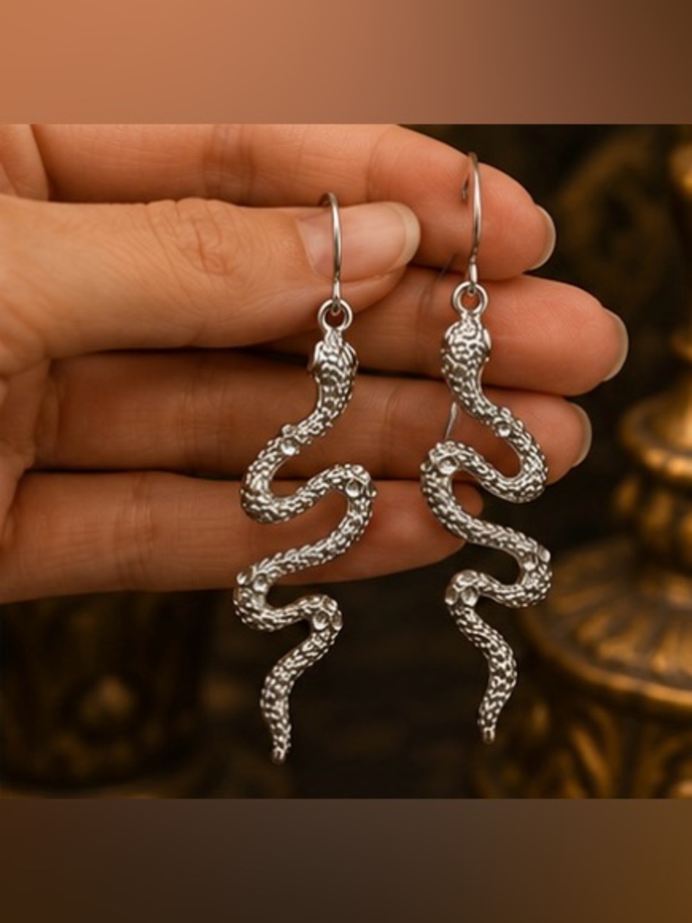🐍 Silver Snake Rhinestone Dangle Earrings - Picture 5 of 5